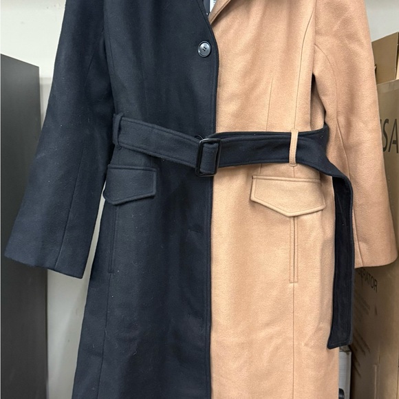 Badgley Mischka Colorblock Wool-Blend Trench Coat w/ Faux Fur Collar - Picture 1 of 4